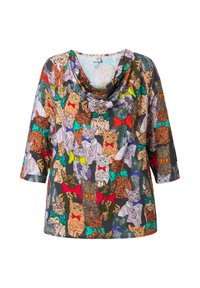 Patterned top featuring various cats in vibrant colors, with a cowl neckline and three-quarter sleeves. Made from soft, lightweight fabric.