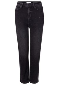 Jeans in denim nero con taglio dritto, caratterizzati da dettagli in strass sparsi e un classico design a cinque tasche.