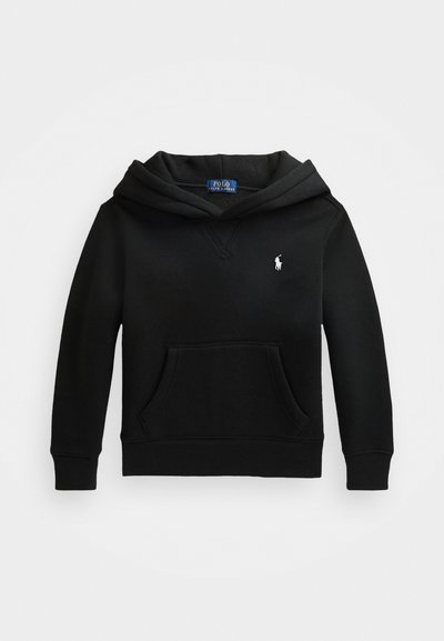 Black hoodie made of cotton blend, featuring a kangaroo pocket, V-neck design, drawstring hood, and small white logo on the left chest.