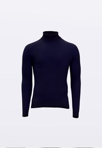 Marineblauwe geribbelde coltrui met lange mouwen, slim fit en een gestructureerde stof. De kraag is hoog en aangesloten, wat de warmte verhoogt.