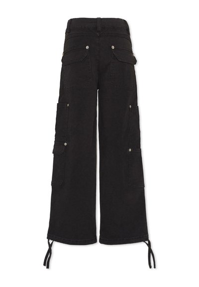 Pantaloni cargo neri con vestibilità rilassata, numerose tasche laterali, cordoncini regolabili all'orlo e una finitura del tessuto liscia e testurizzata.