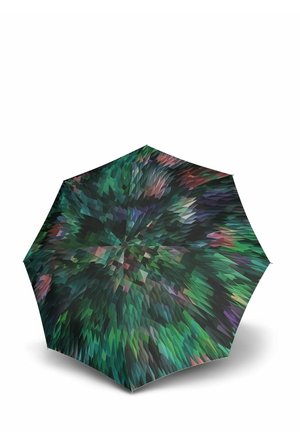 Compact umbrella featuring a green, abstract geometric pattern with shades of darker green and hints of red and purple. Smooth fabric texture.