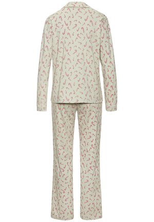 Hellbeige Schlafanzug-Set mit langen Ärmeln und rot-weißer Zuckerstangenmuster, von hinten gezeigt.