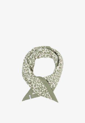 Foulard à imprimé léopard en vert clair et beige, présentant une texture douce et une finition en forme de triangle. Idéal pour un style polyvalent.