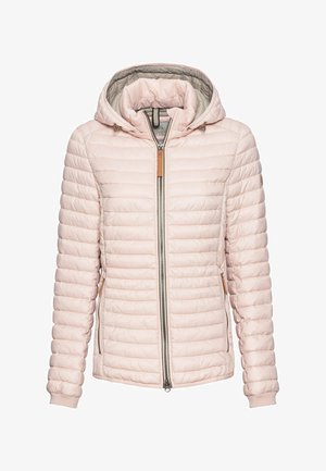 Jasnoróżowa kurtka puchowa z kapturem, z poziomymi przeszyciami, zamek błyskawiczny z przodu oraz dwiema kieszeniami po bokach. Miękka faktura.