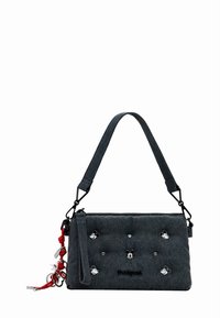 Sac à main gris texturé avec un design structuré, orné d'embellissements Mickey Mouse, une bandoulière amovible et des détails de logo.