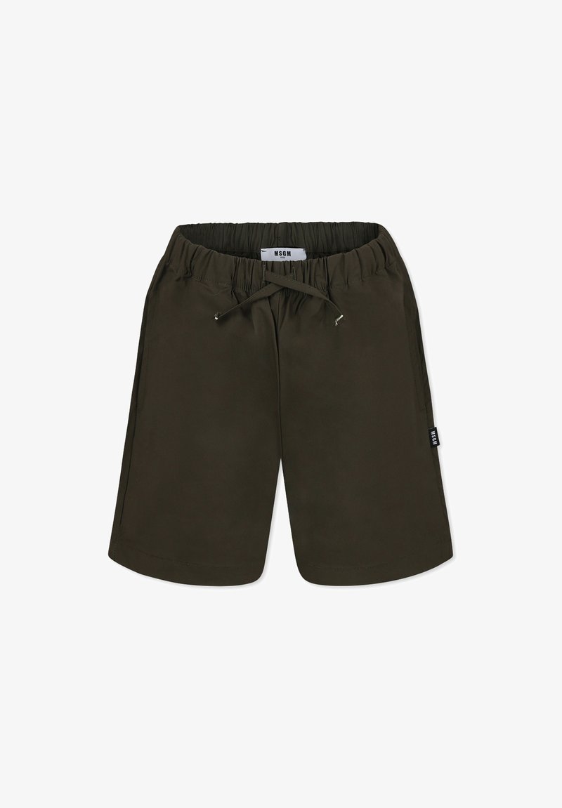 Pantaloni corti verde oliva scuro realizzati in tessuto liscio, con un elastico in vita e un cordino, e una piccola etichetta logo laterale.