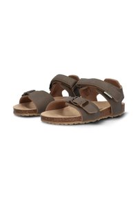 Sandalias de cuero marrón con suela de corcho, que presentan dos correas ajustables y una hebilla. Diseño de punta abierta y superficie texturizada.
