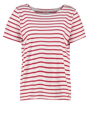 Rød og hvid stribet t-shirt, korte ærmer, rund halsudskæring, lavet af blødt bomuld, med en lille gylden ankerdetalje på kanten.