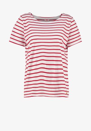 T-shirt a righe rosse e bianche, maniche corte, scollatura rotonda, realizzata in morbido cotone, con un piccolo dettaglio ancorato dorato sull'orlo.