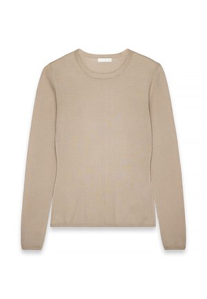 Beige long-sleeve sweater with a crew neck, made from a soft material, featuring a smooth texture and minimalistic design.