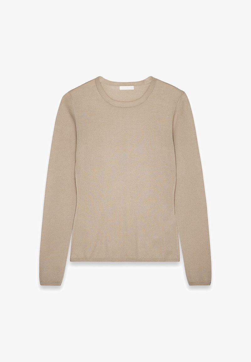Maglione beige a maniche lunghe con colletto girocollo, realizzato in un materiale morbido, caratterizzato da una consistenza liscia e un design minimalista.