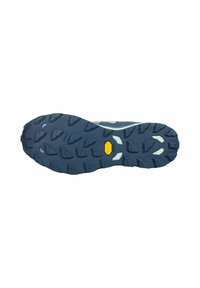 Suela de zapatilla de trail running en azul oscuro con goma texturizada para mayor agarre. Presenta tacos agresivos y un logo de Vibram que asegura durabilidad y tracción.