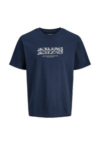 Mørkeblå bomulds t-shirt med et struktureret hvidt grafisk print med teksten "JACK&JONES" hen over forsiden. Korte ærmer og rund halsudskæring.