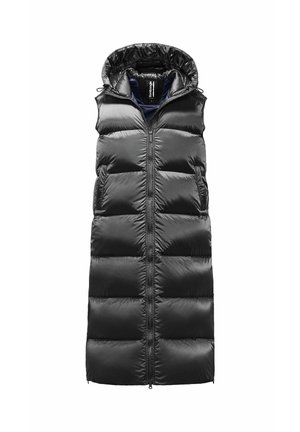 Czarna kamizelka puchowa z kapturem, z zapięciem na zamek błyskawiczny i pikowanym wzorem. Gładki, błyszczący materiał z dużymi, wypełnionymi sekcjami.