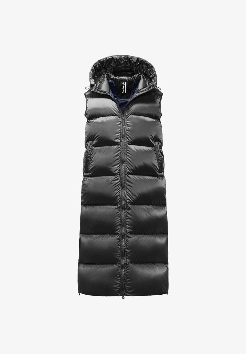 Zwarte puffer west met een capuchon, voorzien van een ritsluiting en gestikte ontwerp. Glad, glanzend materiaal met grote, gepolsterde secties.