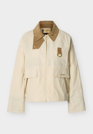 Crèmekleurig jack met een bruine ribfluwelen kraag, ritssluiting aan de voorkant, twee klepzakken en een metalen ringdetail op de borst, merk Barbour.