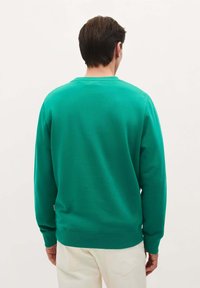 Groene sweatshirt met ronde hals en lange mouwen, gemaakt van zacht materiaal. De achterkant is effen met een ribbelrand aan de onderkant en de mouwen.