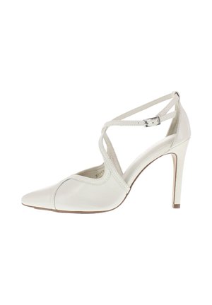 Weißer Damenpumps aus Leder mit spitzer Kappe und überkreuzten Knöchelriemen mit seitlicher Schnalle.