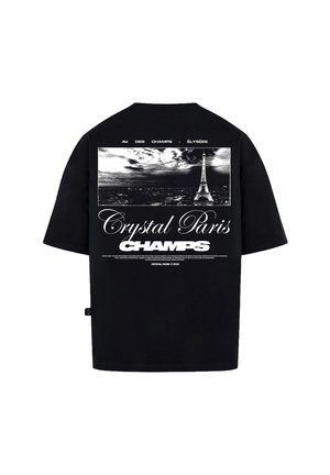 T-shirt nera con stampa grafica della Torre Eiffel e la scritta "Crystal Paris Champs" in bianco sul retro. Maniche corte e vestibilità rilassata.