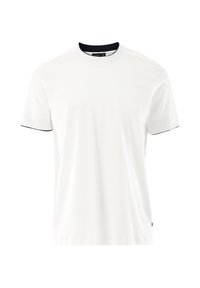 Weißes T-Shirt mit kurzen Ärmeln aus glattem Stoff, mit einem Rundhalsausschnitt und dunkelblauen Akzenten am Kragen und an den Ärmeln. Minimalistisches Design.