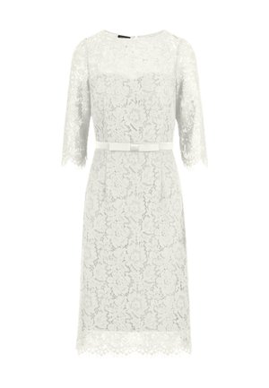 White lace dress with short sleeves, a rounded neckline, and a waist belt. Features floral patterns and a scalloped hem.