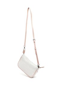 Vit tyg crossbody-väska med ett subtilt mönster, rosa läderdetaljer och en justerbar rem. Har en dragkedjestängning och rundade hörn.