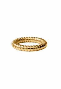 Anillo dorado con un diseño en espiral que presenta ranuras espaciadas uniformemente. Textura suave, forma circular y superficie reflectante.