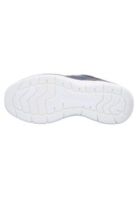 Vit gummisula på en sneaker, med ett texturerat mönster och grunda spår. Logotypen "bugatti" präglad på sidan.