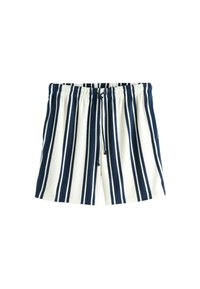 Shorts décontractés à rayures verticales bleu marine et blanc, avec une taille élastique et un cordon à l'avant.