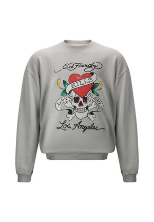 Lichtgrijze sweatshirt met een ronde hals en lange mouwen. Kenmerkt een bedrukte schedel- en hartontwerp met de teksten "Ed Hardy", "KILLS" en "Los Angeles".