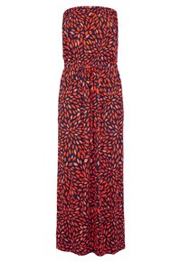 Bezramínkový overal námořnické modři s motivem červených listů, s elastickým pasem a volnějším střihem, vyrobený z lehké látky.