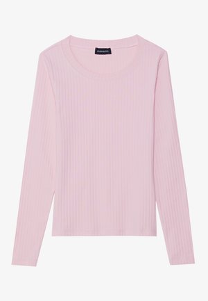 Lyserød langærmet ribbet top med rund halsudskæring og tætsiddende silhuet. Fremstillet af blødt, tekstureret stof. Minimalistisk design, ingen mønstre.