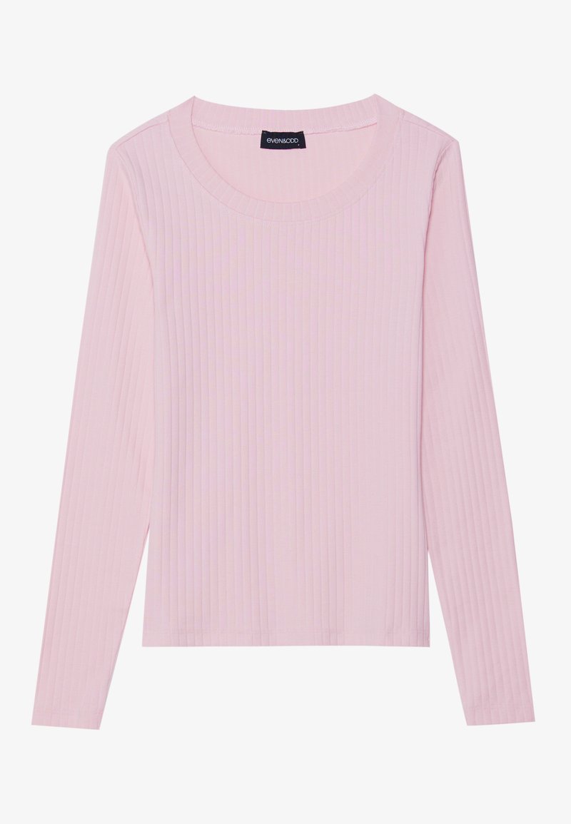 Šviesiai rožinė, ilgomis rankovėmis, raukšlėta palaidinė su apvaliu apykakle ir prigludusia siluetu. Pagaminta iš minkštos, tekstūruotos medžiagos. Minimalistinis dizainas, be raštų.