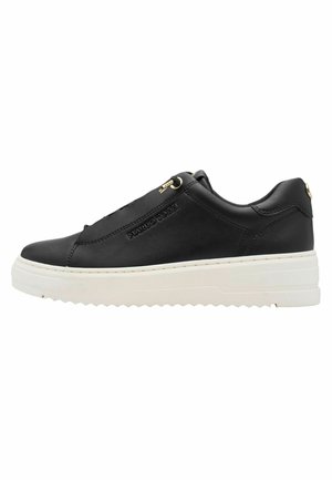 Black leather sneaker with a white chunky sole, featuring a side zipper and embossed logo on the outer panel. Smooth texture, modern design.