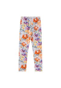 Leggings fleuris en tissu gris clair avec un imprimé dynamique de fleurs orange, violettes et jaunes, dotés d'une taille élastique et extensible.