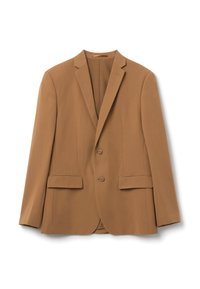 Brauner maßgeschneiderter Blazer mit zwei vorderen Knöpfen, Reverskragen und doppelten Fronttaschen. Hergestellt aus glattem Stoff mit einer strukturierten Passform.