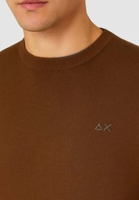 Maglione marrone lavorato a maglia con collo a girocollo a coste e un piccolo logo ricamato sul petto. Texture liscia e design aderente.