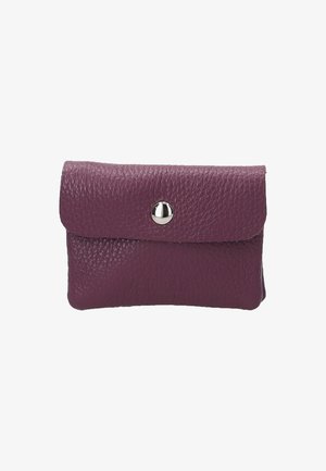 Leather card holder in dark purple with a textured finish, featuring a snap closure and rounded edges for a compact shape.