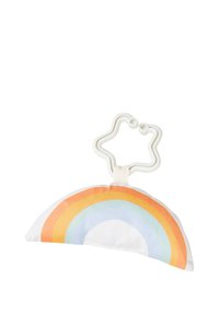 Rainbow-shaped soft toy with pastel-colored bands in orange, blue, and yellow, featuring a white textured loop handle on top.