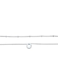 Sølv kæd necklace med en cirkulær klar ædelsten pendants, med teksturerede led og små perleaccent gennem hele længden.