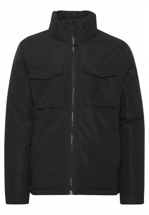 Black padded jacket featuring a high collar, front zipper, and two chest pockets. Smooth texture and insulated design for warmth.