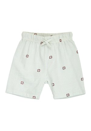 Lyseblå og hvide stribede shorts til små børn med elastisk talje og lille rødt og hvidt redningsbøje-print spredt over stoffet.