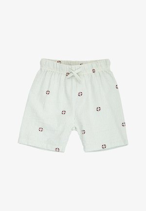 Lyseblå og hvide stribede shorts til små børn med elastisk talje og lille rødt og hvidt redningsbøje-print spredt over stoffet.