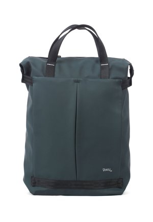 Dark green backpack made of durable material, featuring two top handles, a front pleat, and a black strap along the bottom.