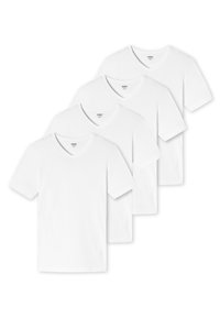 Quatre t-shirts blancs en coton avec col en V. Manches courtes, ourlet droit, sans embellissements. Design simple et classique.