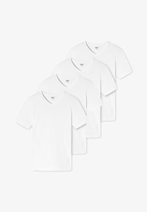 Fire hvide v-hals t-shirts i bomuldsstof. Korte ærmer, lige kant og ingen udsmykning. Enkel, klassisk design.