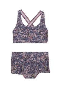 Blommig bikinitopp med marinblå bakgrund och rosa, gula och vita blommor. Toppen har korsade remmar; shortsen har en utsvängd design.