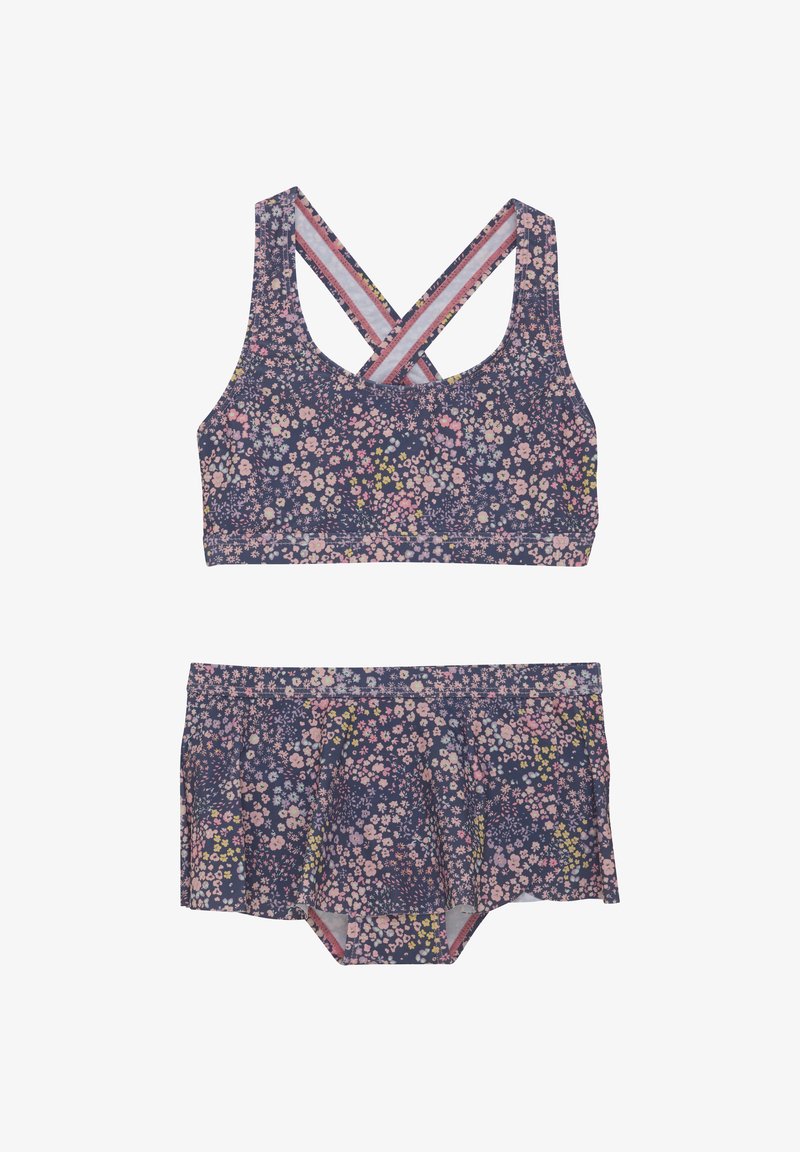 Blommig bikinitopp med marinblå bakgrund och rosa, gula och vita blommor. Toppen har korsade remmar; shortsen har en utsvängd design.