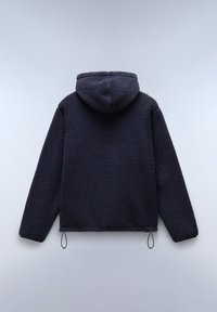 Felpa con cappuccio in pile blu navy con finitura testurizzata, dotata di cappuccio e lacci regolabili all'orlo, per una vestibilità comoda.